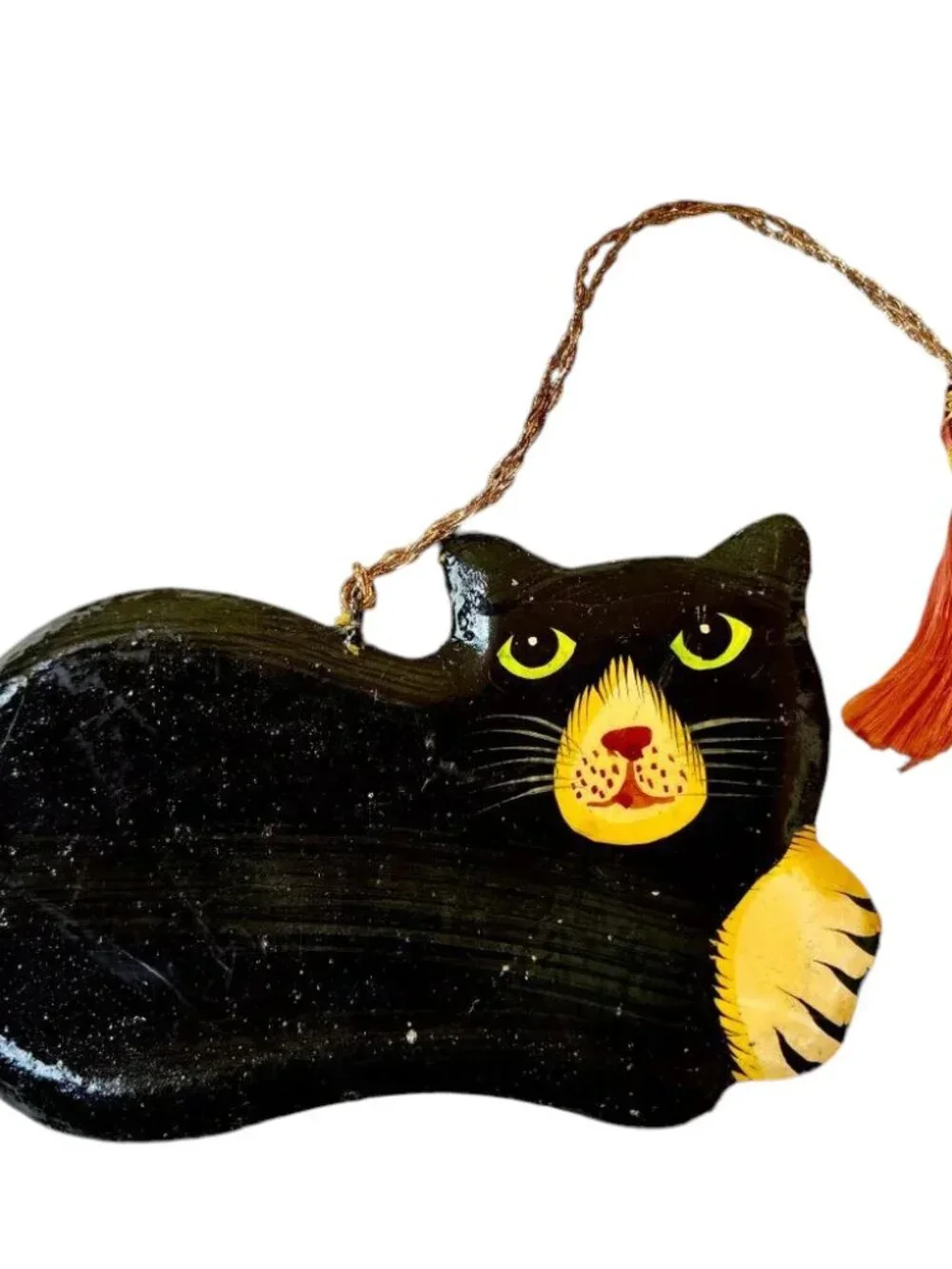 Vintage Wood Black Cat Christmas Hanging Ornament Hand Painted DOUBLE SIDED